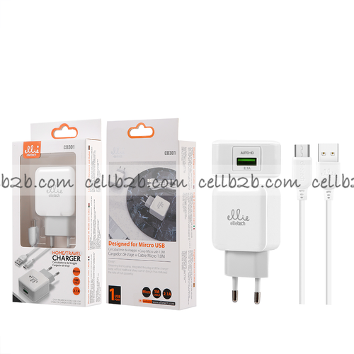 Ellietech CD301 Cargador de Casa con Cable para Micro USB 2.1A 1M
