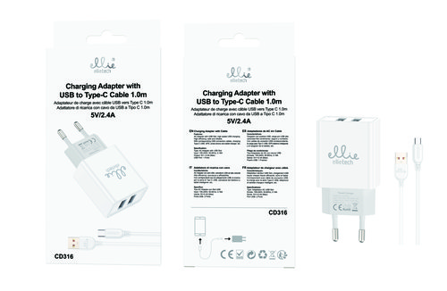 Ellietech CD316 Cargador de 2 USB con Cable a Tipo C 5V/2.4A 1M