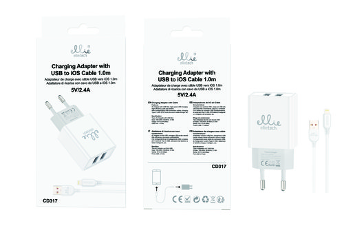 Ellietech CD317 Cargador de 2 USB con Cable a Lightning para iOS 5V/2.4A 1M