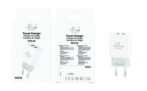 Ellietech CD318 Adaptador de Viaje con 2 USB 5V/2.4A sin Cable