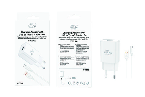 Ellietech CD319 Cargador de Casa con Cable Tipo C 5V/2.4A 1M