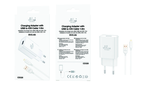 Ellietech CD320 Cargador de Casa con Cable Lightning para iOS 5V/2.4A 1M