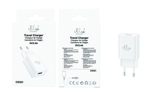 Ellietech CD321 Cargador de Casa con Entrada USB 5V/2.4A sin Cable