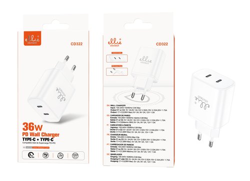 Ellietech CD322 Cargador Tipo C + Tipo C PD 36W sin Cable