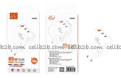 Ellietech CD407 Cargador Rápida 65W USB-A+Tipo C+Tipo C Blanco