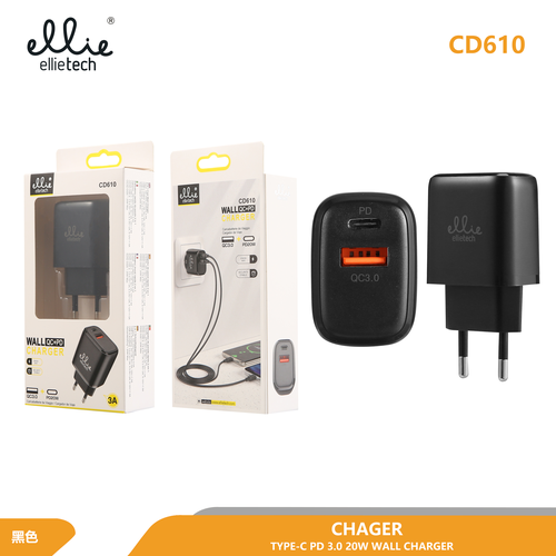 Ellietech CD610 Cargador de Pared 2 en 1 USB + Tipo C PD 20W QC3.0 SIN CABLE