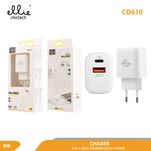 Ellietech CD610 Cargador de Pared 2 en 1 USB + Tipo C PD 20W QC3.0 SIN CABLE