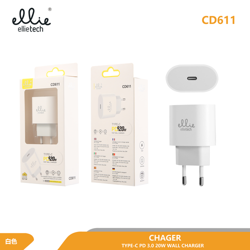 Ellietech CD611 Cargador PD 20W Quick Charge con entrada Type-C sin Cable