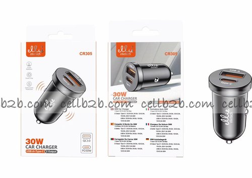 Ellietech CR305 Cargador de Coche con 2 Puertos USB A + Tipo C 30W sin Cable