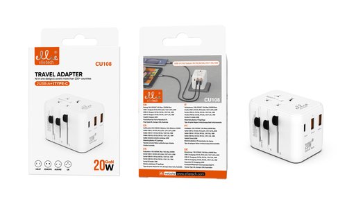 Ellietech CU108 Adaptador de Viaje All-In-One 2USB-A + 1Tipo-C 20W