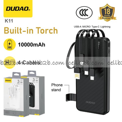 *Power bank con cuatro cables, soporte y luz, 10000mAh negro – DUDAO K11