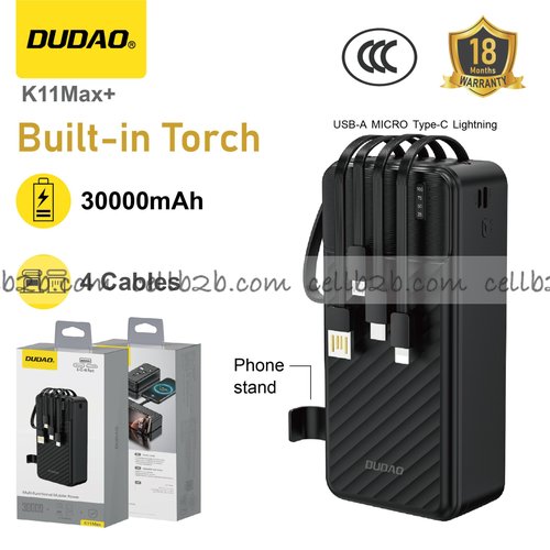 *Power bank 30000mAh con cuatro cables, soporte y luz negro – DUDAO K11Max