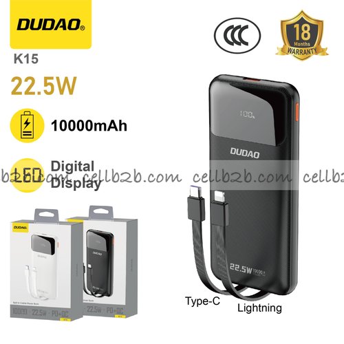 *Cables integrados Type-C y Lightning, carga 22.5W, pantalla LED negro – DUDAO K15