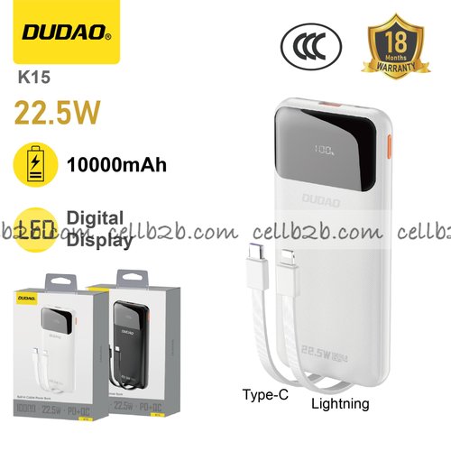 *Cables integrados Type-C y Lightning, carga 22.5W, pantalla LED  blanco – DUDAO K15