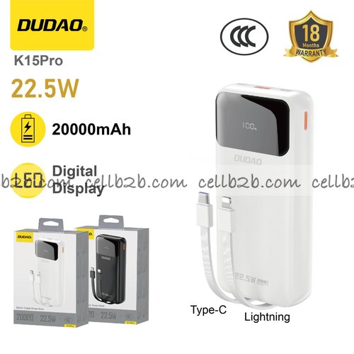 *Doble cable con carga rápida, 20000mAh, pantalla digital  blanco – DUDAO K15Pro