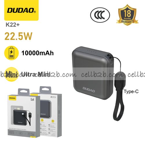*Mini power bank 10000mAh, uno de los más pequeños del mundo, con cordón para llevar, carga rápida 22.5 W gris grafito – DUDAO K22+