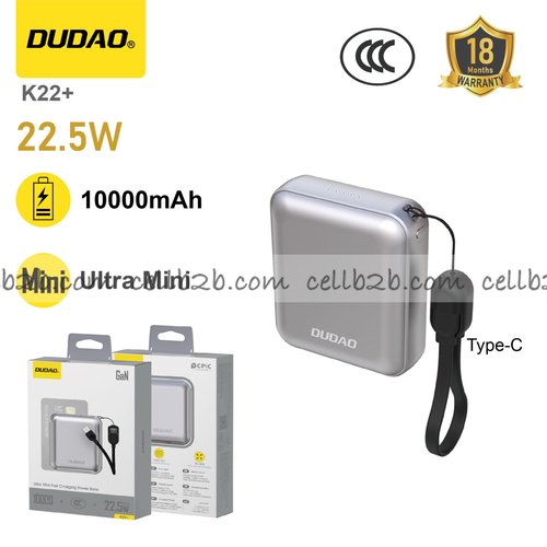 *Mini power bank 10000mAh, uno de los más pequeños del mundo, con cordón para llevar, carga rápida 22.5 W plateado– DUDAO K22+