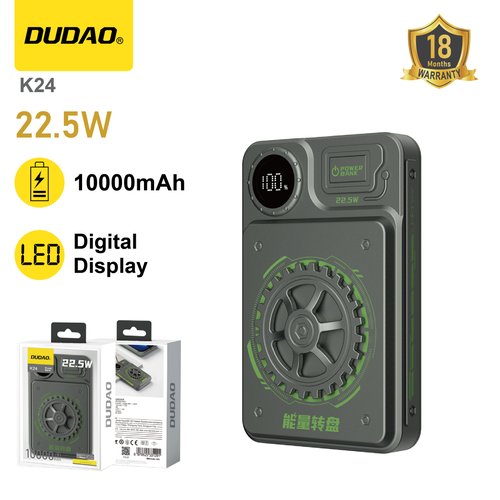 *Power Bank 10000mAh con Disco Giratorio Antiestrés, Carga Rápida 22,5W y PD 20W, Pantalla LED, Entrada USB-C y Lightning - DUDAO K24