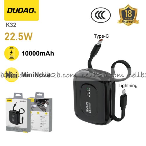 *Mini power bank con doble cable, 22.5W, triple salida y 10000mAh negro – DUDAO K32
