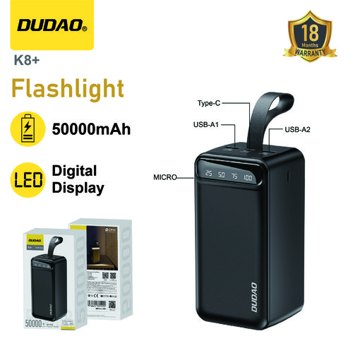 *Power Bank 50000mAh 10W, Doble USB+Entrada Type-C, Cargador Portátil Negro - DUDAO K8+