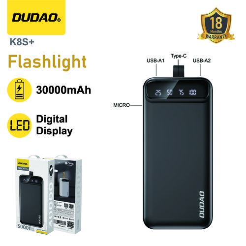 *Power Bank 30000mAh 10W, Doble USB+Entrada Type-C, Cargador Portátil Negro - DUDAO K8S+
