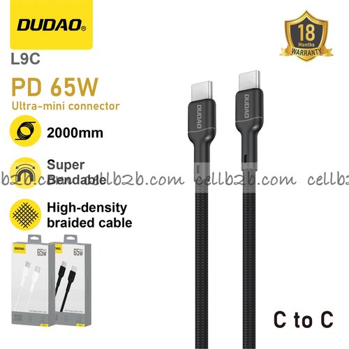 *Cable Type-C a Type-C 65W Negro, Trenzado de Alta Densidad - DUDAO L9C 2m