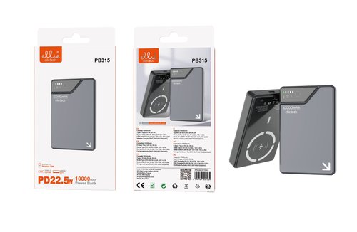Ellietech PB315 PowerBank PD 22.5W con Carga Inalámbrico 15W + Cable Tipo C a USB-A 10000mAh