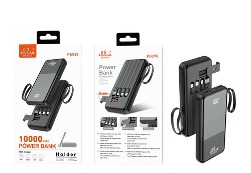 Ellietech PB316 Batería Externa Portatil con 4 Data Cables 10000mAh 5V/2A