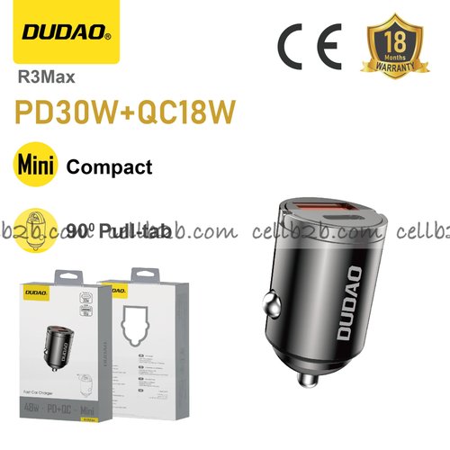 *Cargador de coche con doble puerto 30W PD + 18W QC, salida rápida USB y Type-C, cuerpo mini de aleación de zinc, buena disipación de calor, anilla para extracción fácil – DUDAO R3Max