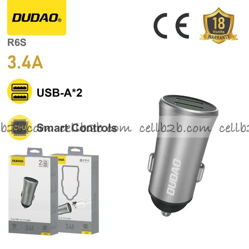 *Cargador de coche metálico 3.4A con doble USB, compacto, doble salida simultánea, carcasa metálica duradera – DUDAO R6S