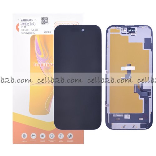 Pantalla iPhone 15 RJ OLED Soft LCD+Táctil Negra Completa (Control IC Reemplazable)