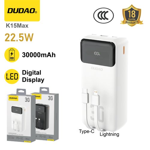 *Power bank 30000mAh, doble cable rápido, estable y duradero  blanco – DUDAO K15Max
