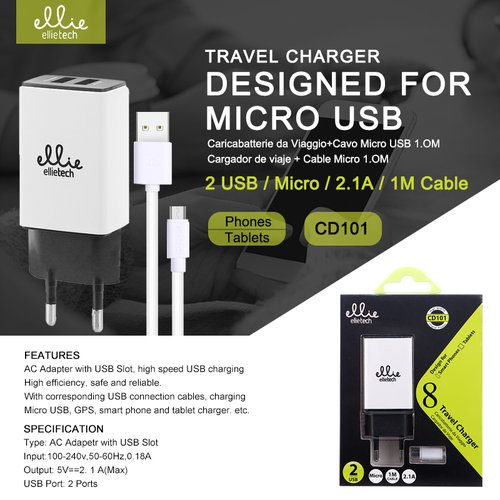Ellietech CD101 Cargador para Móvil de Micro y Tabletas, 1M, 2.1A 2USB