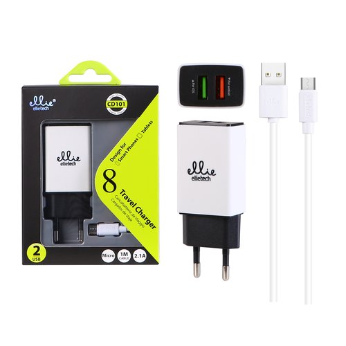 Ellietech CD101 Cargador para Móvil de Micro y Tabletas, 1M, 2.1A 2USB