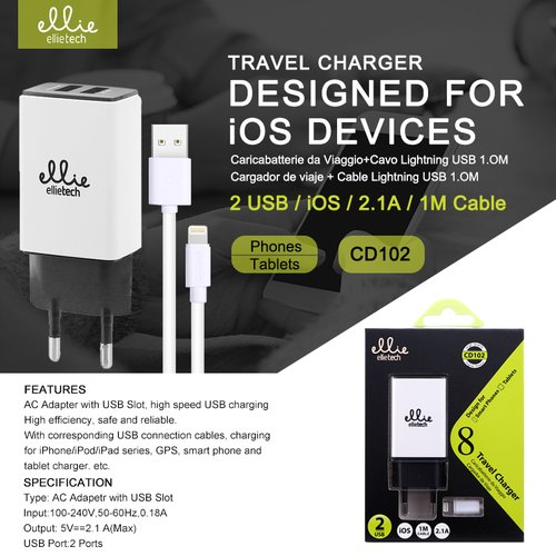 Ellietech CD102 Cargador para iPhone y iPad, 1M, 2.1A, 2 USB