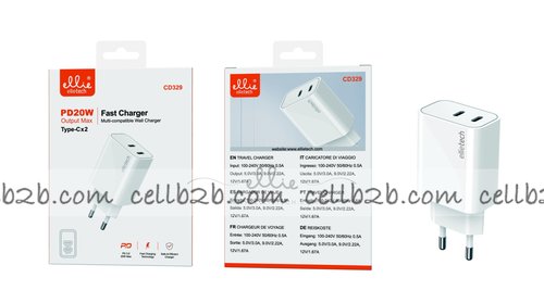 Ellietech CD329 Cargador Tipo C + Tipo C PD 20W sin Cable