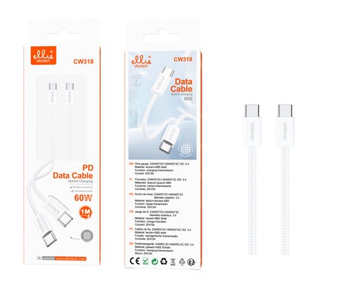 Ellietech CW318 Cable de Carga Rapida de 60W para Tipo C a Tipo C 1M