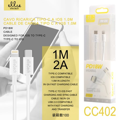 Ellietech CC402 / CC214 Cable de Carga para Tipo C a iOS Lightning PD18W 1M Carga Rapida