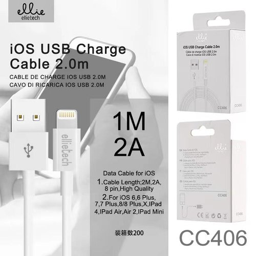 Ellietech CC406 Cable de Dato para iPhone iOS Lightning 2M 2A