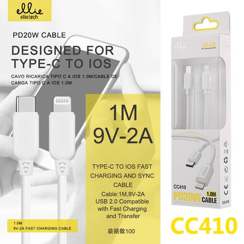 Ellietech CC410 Cable de Carga para Tipo C a iOS Lightning PD20W 1M Carga Rapida