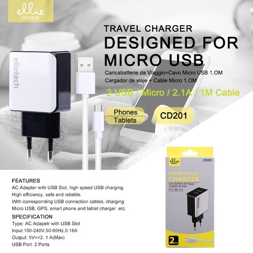 Ellietech CD201 Cargador con Cable Micro USB 2.1A 1M 2USB