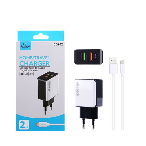 Ellietech CD202 Cargador con Cable Lightning 2.1A 1M 2USB