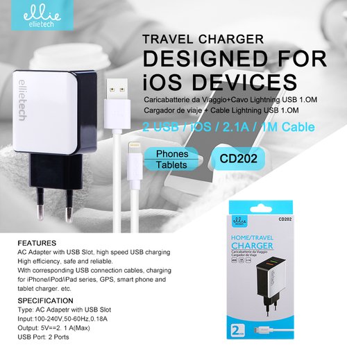 Ellietech CD202 Cargador con Cable Lightning 2.1A 1M 2USB