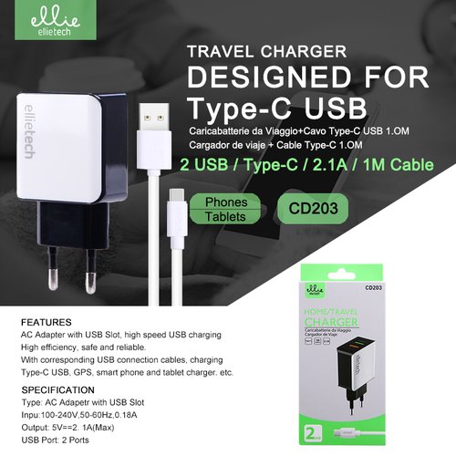 Ellietech CD203 Cargador con Cable Tipo-C 2.1A 1M 2USB