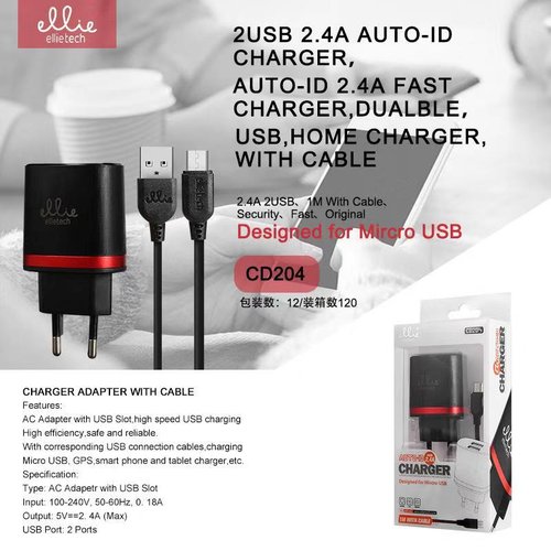 Ellietech CD204 Cargador para Micro USB 2 USB 2.4A Negro