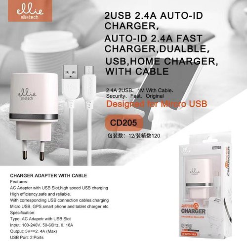 Ellietech CD205 Cargador para Micro USB 2 USB 2.4A Blanco