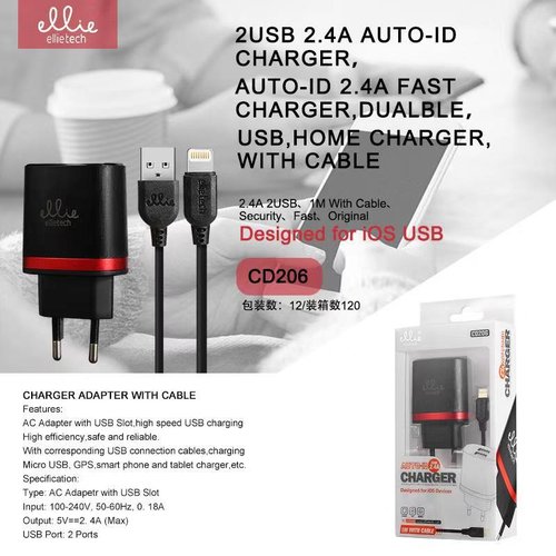 Ellietech CD206 Cargador para iPhone Lightning iOS 2 USB 2.4A Negro