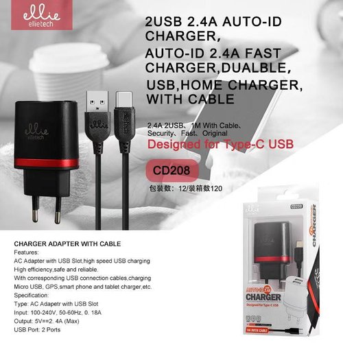 Ellietech CD208 Cargador para Tipo C 2 USB 2.4A Negro