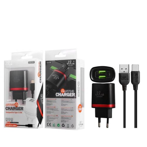 Ellietech CD208 Cargador para Tipo C 2 USB 2.4A Negro
