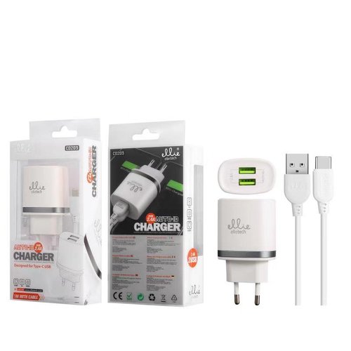 Ellietech CD209 Cargador para Tipo C 2 USB 2.4A Blanco